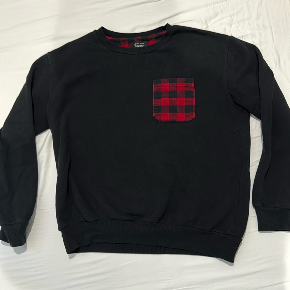 Zara Man Black Crewneck with Red Plaid Pocket